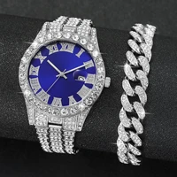 2PCS Luxury Rhinestone Men Watches Fashion Stainless Steel Band Male's Analog Quartz Watch Bracelet Set Relogios Masculino 2