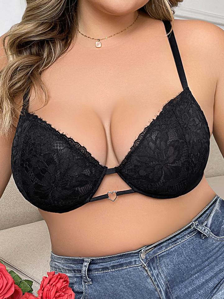 Women's plus Size Heart Ring Black Lace Adjustable Strap Sexy Steel Ring Back Clasp Mature Bra