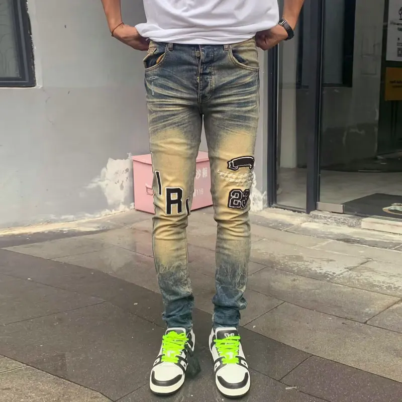 

Street Fashion Men Jeans Buttons Fly Retro Washed Blue Stretch Skinny Fit Ripped Jeans Men Patch Designer Hip Hop Brand Pants