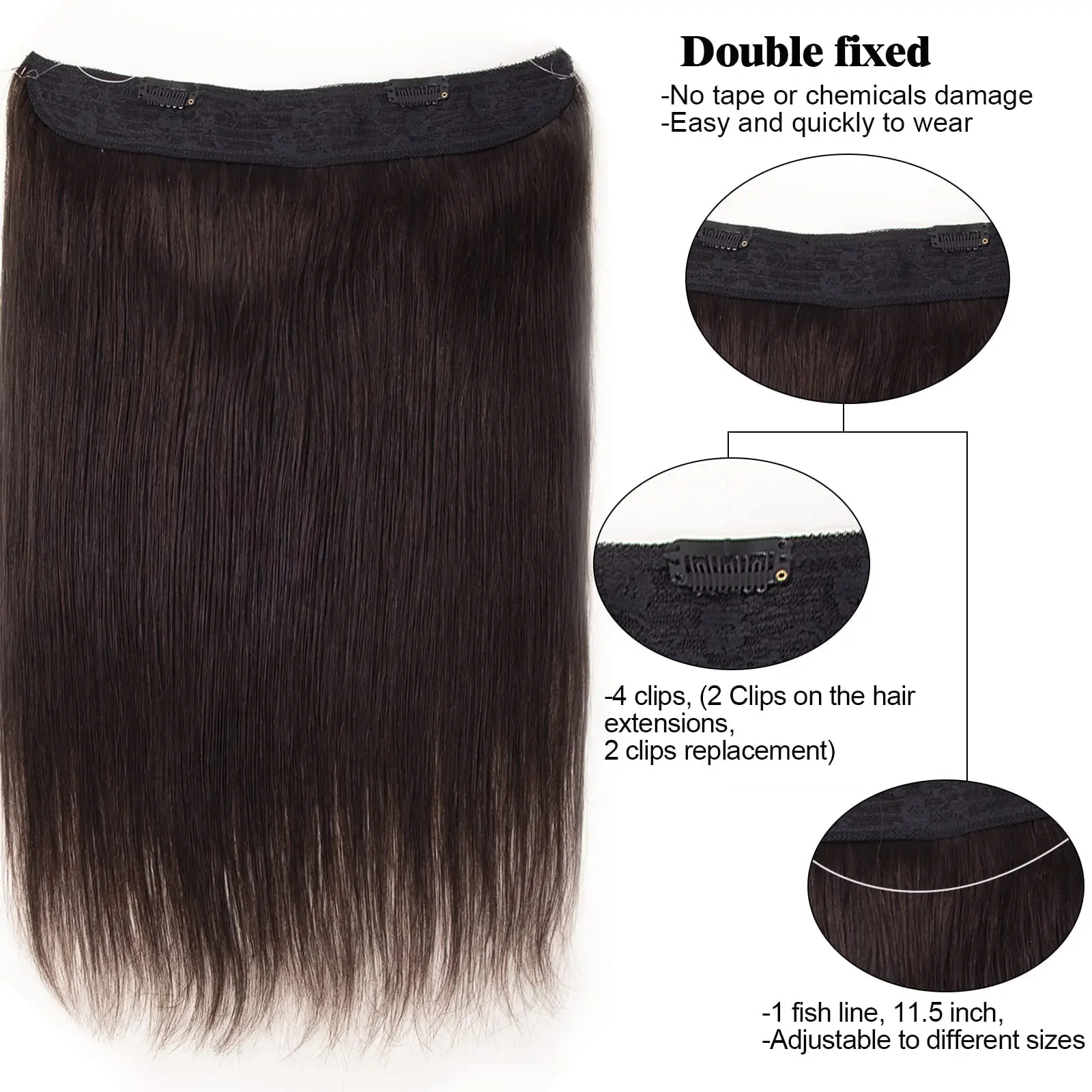 Invisible Wire Hair Extensions Human Hair Fish Line Extensions Real Human Natural black #1B Wire