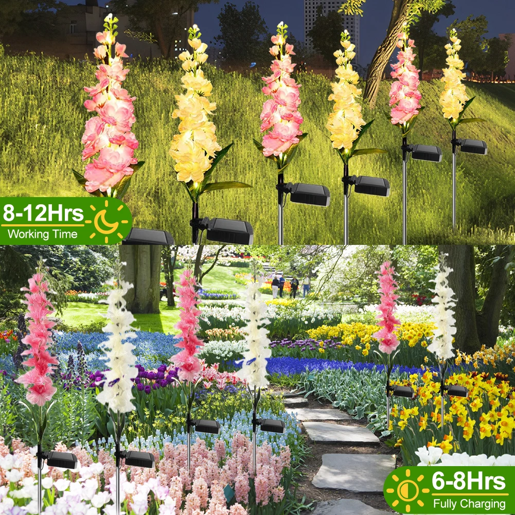 태양열 정원 조명, 다채롭고 따뜻한 빛, 태양열 Delphinium 꽃 조명, 두 가지 조명 모드, 마당 장식 및 어머니 선물, 2 개, 4 개