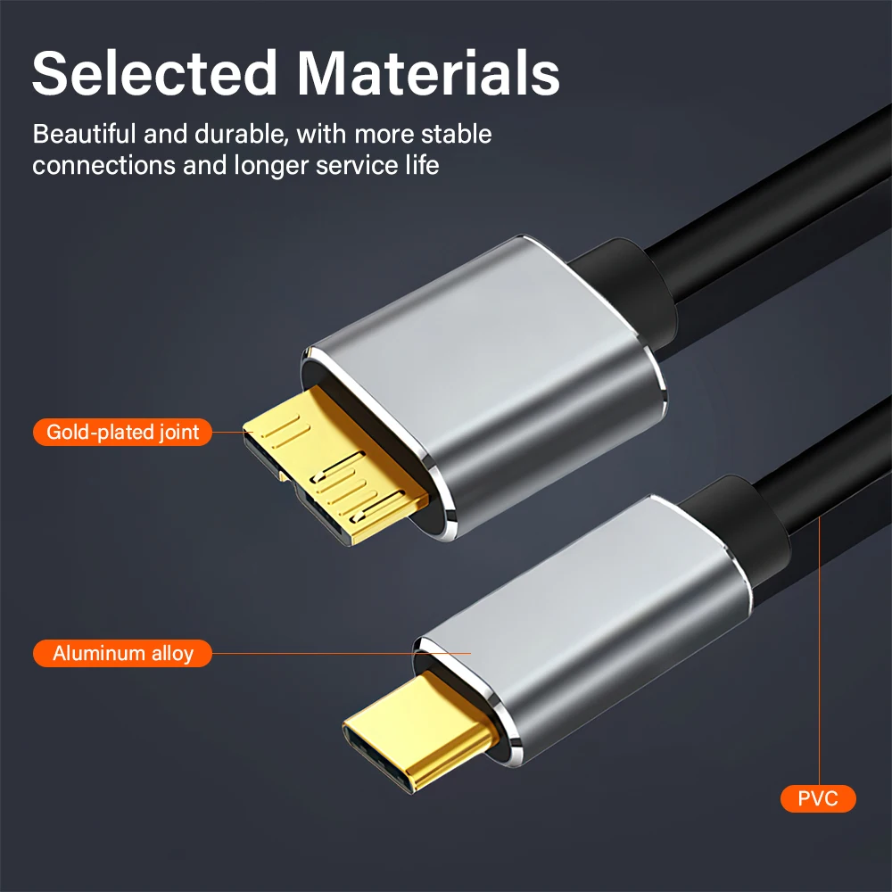 고품질 유형 C-마이크로 B USB3.0 케이블 하드 디스크 드라이브 MacBook 노트북 전화 외부 디스크 용 5Gbps 고속 데이터 케이블