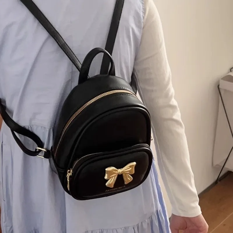Xiuya Silver Leather Womens Backpack Summer Elegant Bow Casual Small Backpack Youth Female Fashion Aesthetic Korean Popular Bag