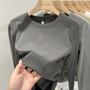 الكورية بسيطة قاعدة طبقة المرأة تي شيرت الخريف الشتاء 2025 القطن س الرقبة ضئيلة الصلبة تنوعا الاتجاه عادية كم طويل تيز 3