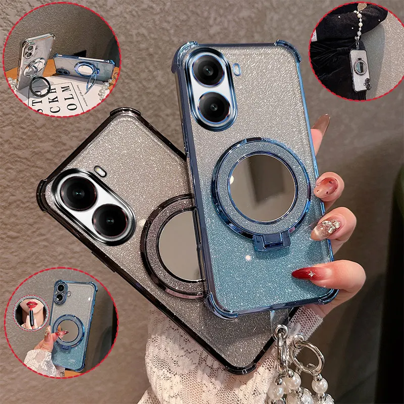 Bling Glitter Lipstick Mirror Phone Case with Pearl Chain and Shockproof Protection