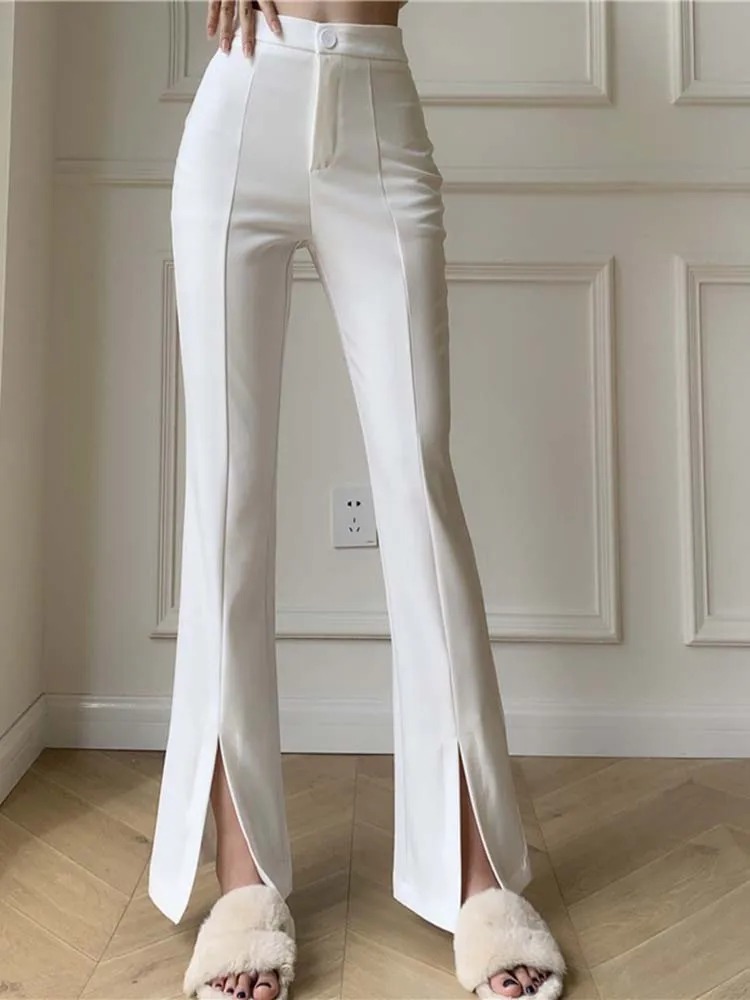 White Split Wide Leg Pants Women High Waisted Chic Flare Pant Ladies  Streetwear Elegant Business Bottoms Women Pantalones 2023
