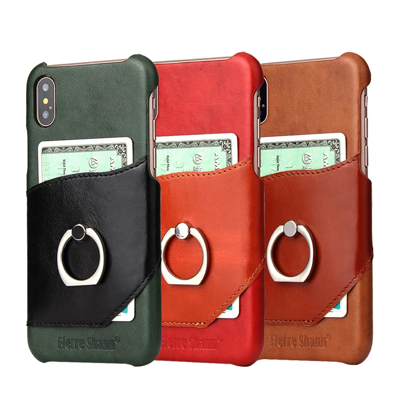 

For iPhone X XR Xs Max 6 6s 7 8 Plus Top Grade Cowhide Leather Back Phone Cover With Finger Ring Kickstand Stand Card Slot Cases