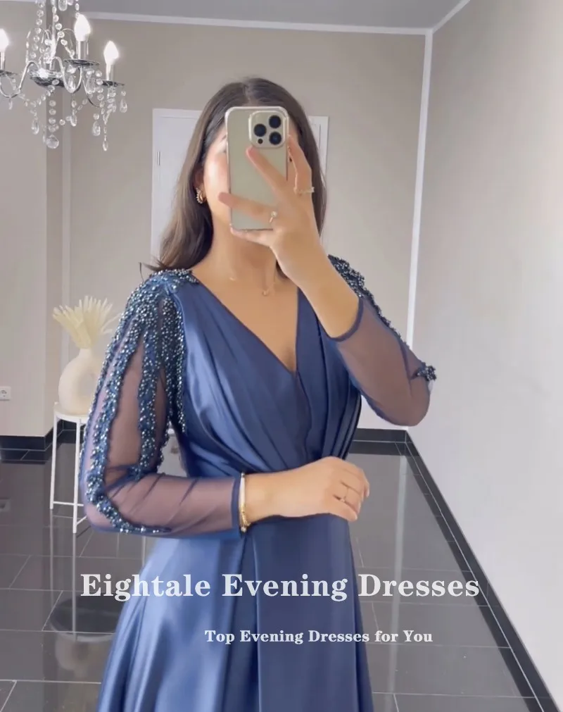 Eightale Elegant Evening Dress Satin Long Sleeves Beaded A-Line Prom Gowns Celebrity Wedding Party Dress Vestidos De Noch