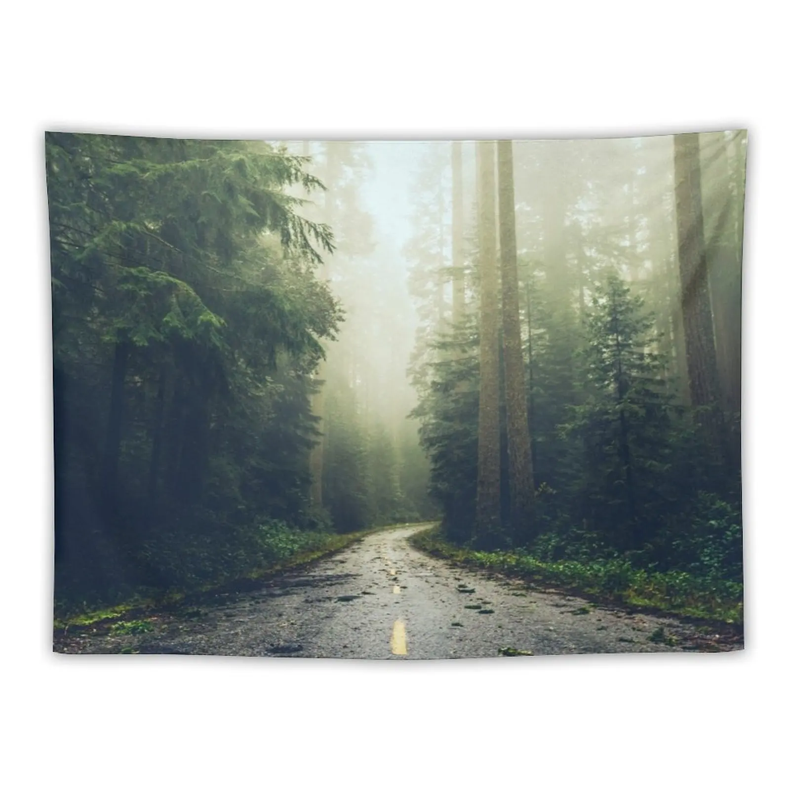 

Green Forest Fog Road Wanderlust - California Redwoods Road Trip Tapestry Mushroom Decoration For Home Tapestry