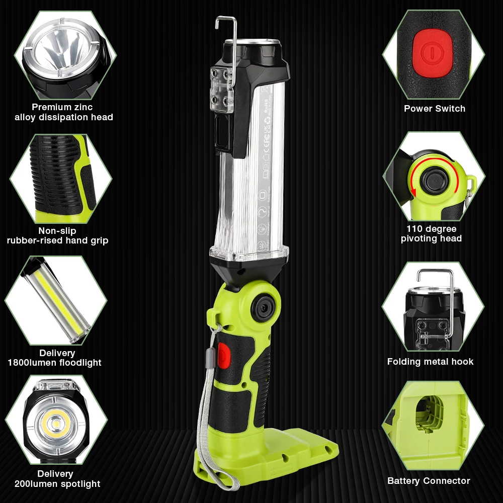 Flashlight Cordless Powered Spotlight 25W 2000LM LED Work Light for Ryobi 18V Li