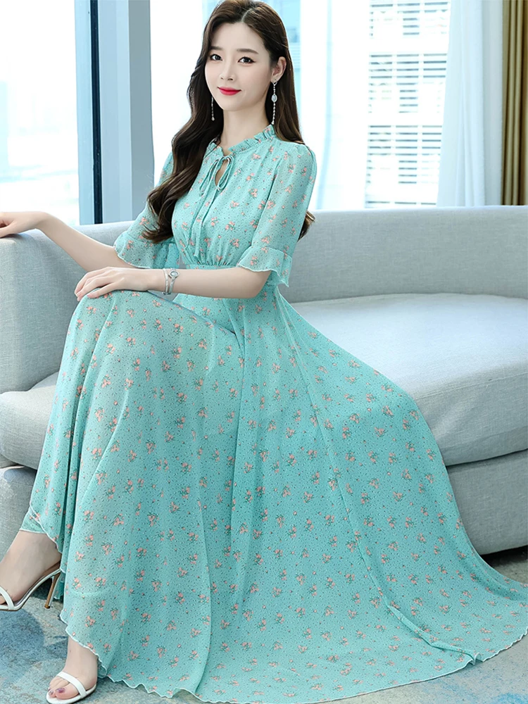 

Ruffle Chiffon Casual Summer Dress Tunics Floral Beach Long Dresses For Women 2023 Elegant Vintage Party Korean Fashion Evening