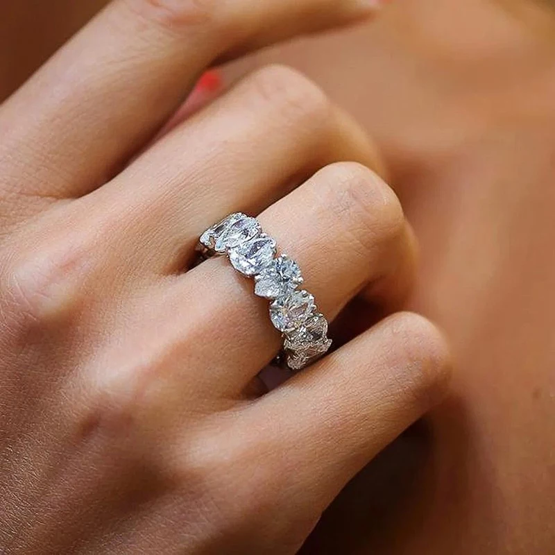 Huitan Pear Cubic Zircon Promise Rings for Women Silver Color Fashion Luxury Wedding Band Accessories