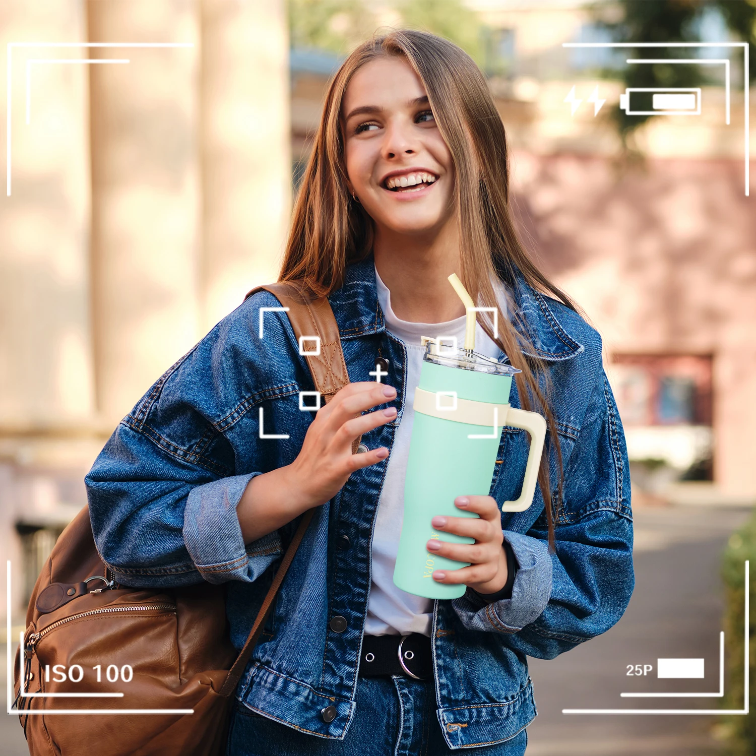 304 스테인리스 스틸 차량용 진공 단열 컵 텀블러(손잡이 및 빨대 포함), 스틸 보온 보냉 여행용 머그컵, 귀여운 재사용 가능 아이스 커피 컵