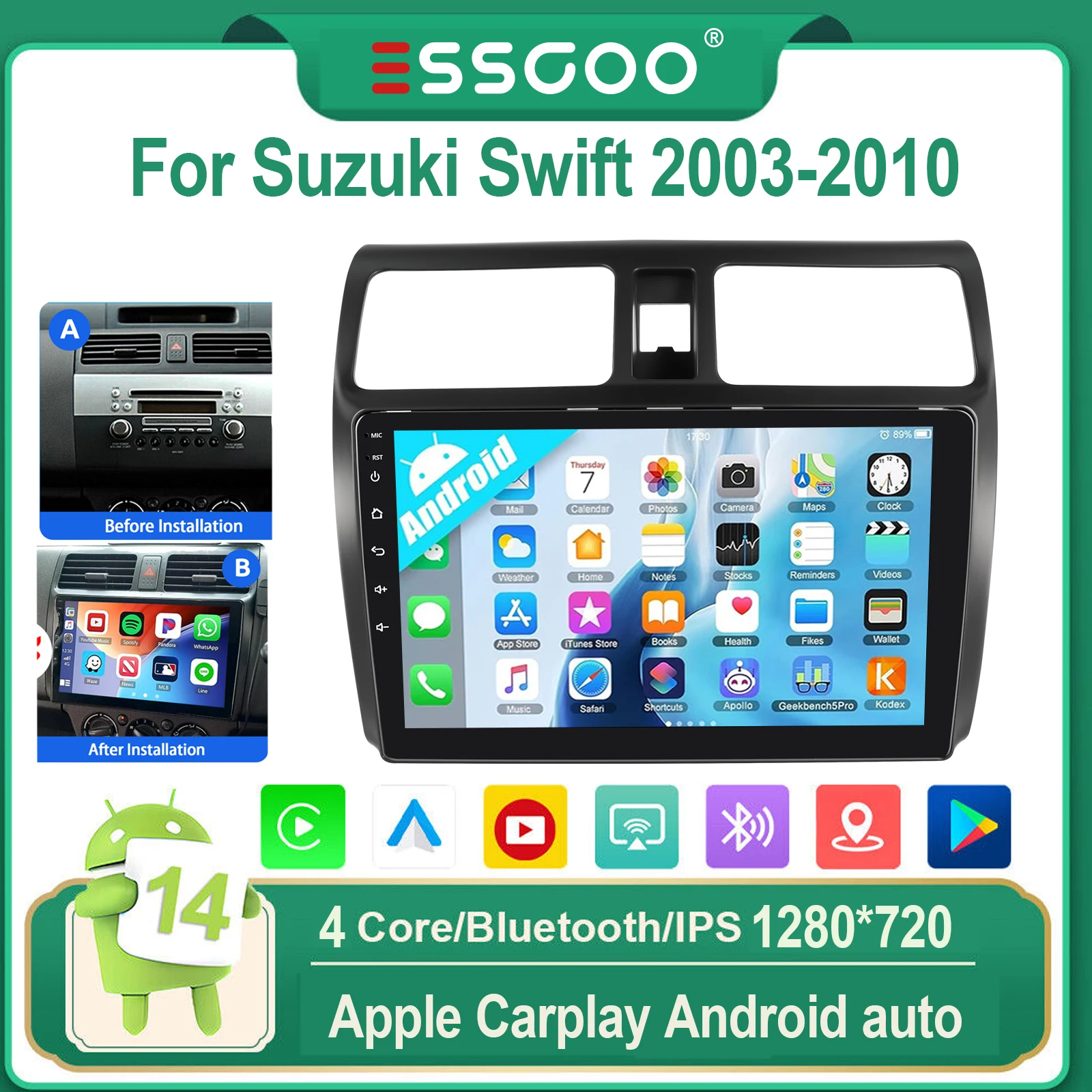 ESSGOO Für Suzuki Swift 2003-2010 Android 14 Autoradio 10" IPS Touchscreen Wireless CarPlay Android Auto WIFI GPS Bluetooth FM Mirror Link Lenkradsteuerung 4-Kern Multimedia-Player