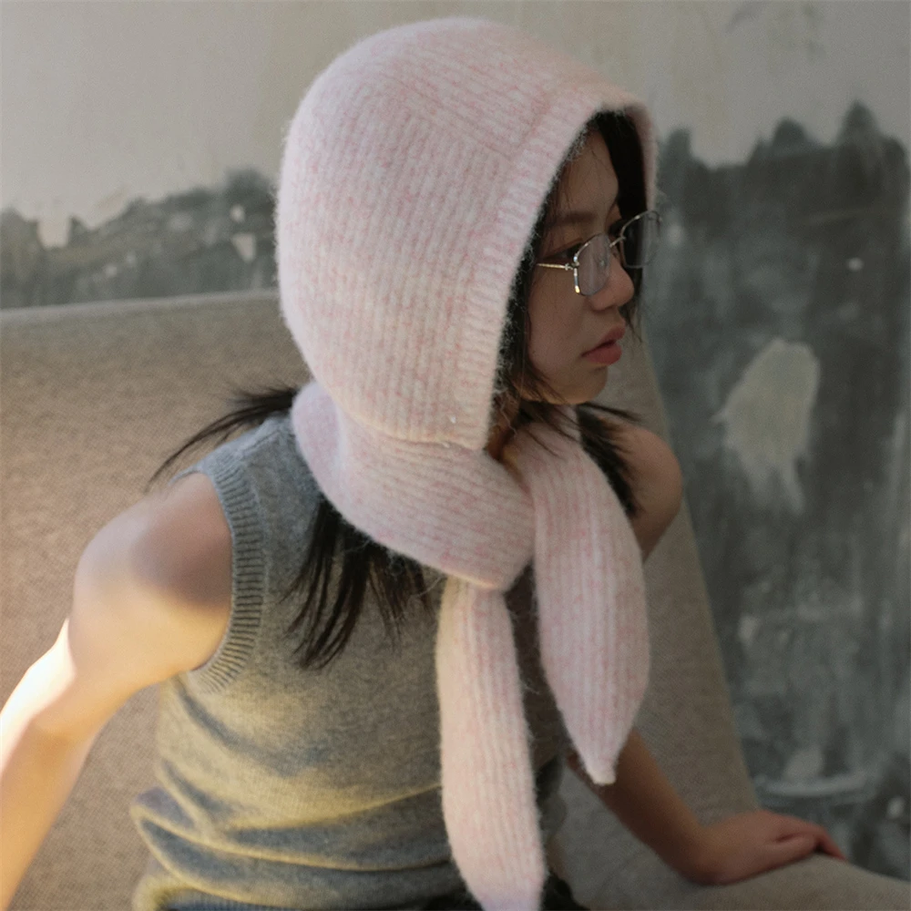 Women's Warm Hooded Headscarf Winter Knitted Soft Windproof Hats Wool Unisex Outdoor Lock Temperature Caps Clothing Accessories 4