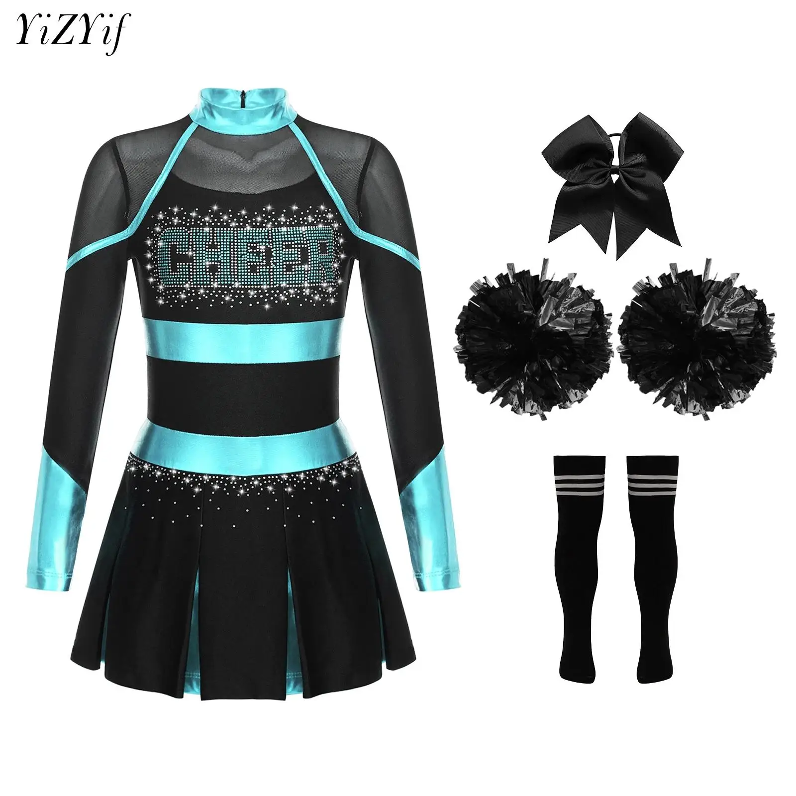 Cheerleader Costume for Girls Cheerleading Outfits Cheer Uniform Pompoms Cosplay Suit for School Stage Performance Dance Party