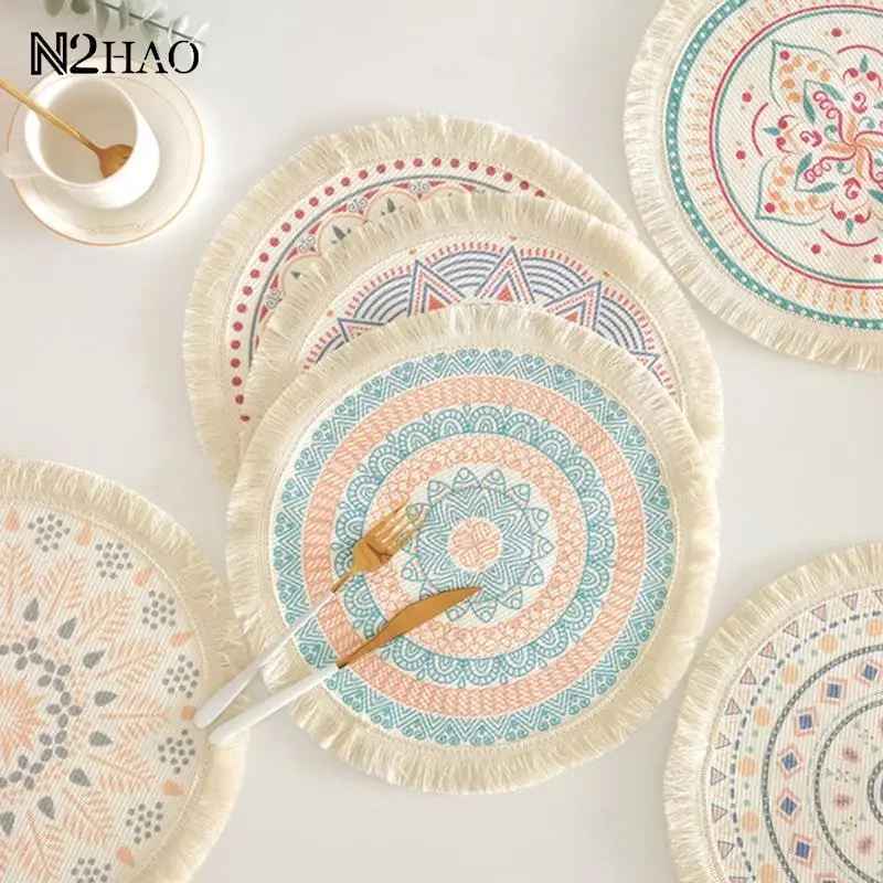 1Pc Style Simple Hand Woven Jute Placemats Round Tassel Placemat Hand