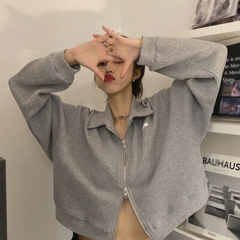 

Женский свитер, осенне-зимнее теплое пальто, повседневное вафельное пальто с длинным рукавом и двойной молнией