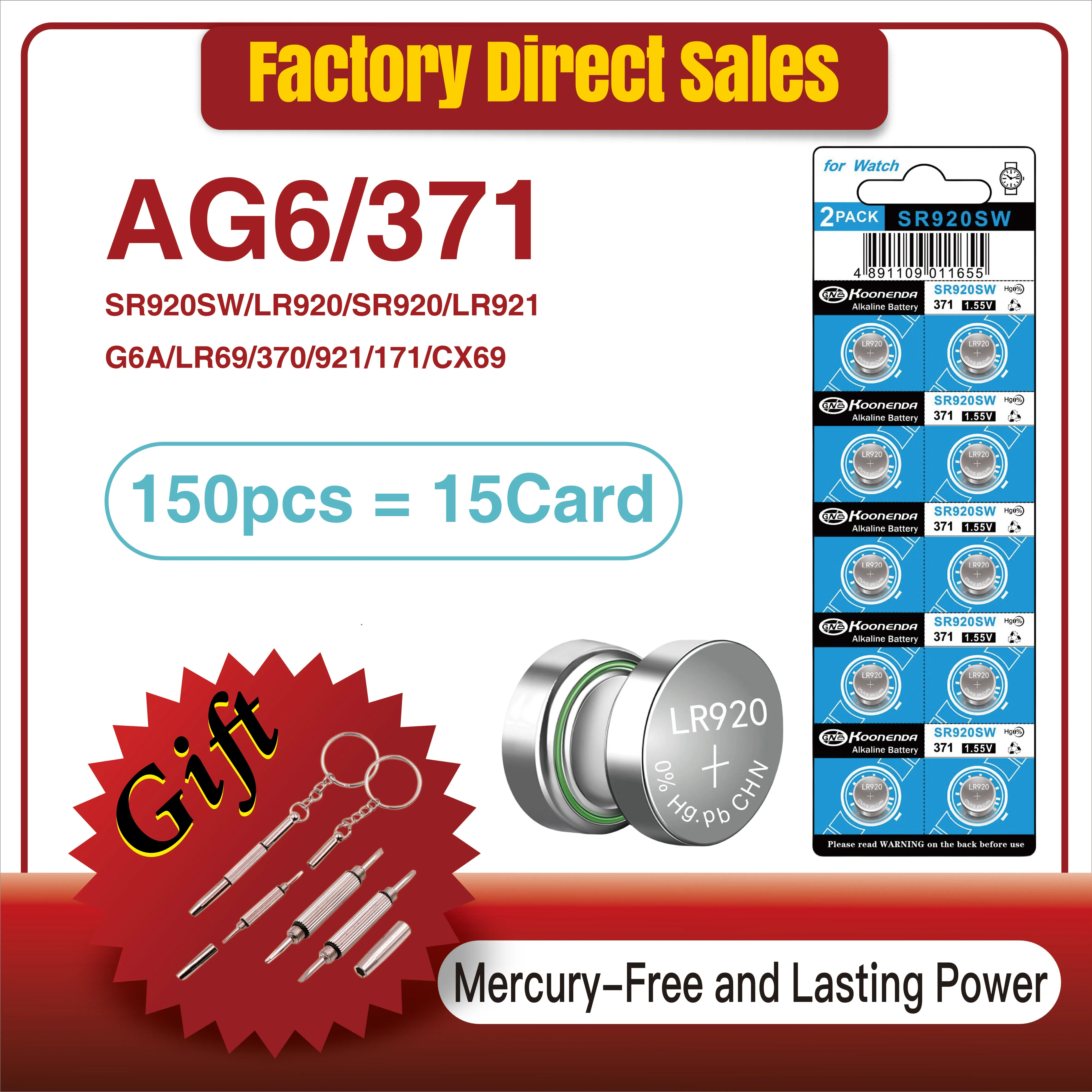 

150PCS LR920 AG6 Button Batteries SR920SW 171 371 370 LR69 LR921 G6A SR920 1.55V Alkaline Coin Cell Silver Oxide Watch Battery