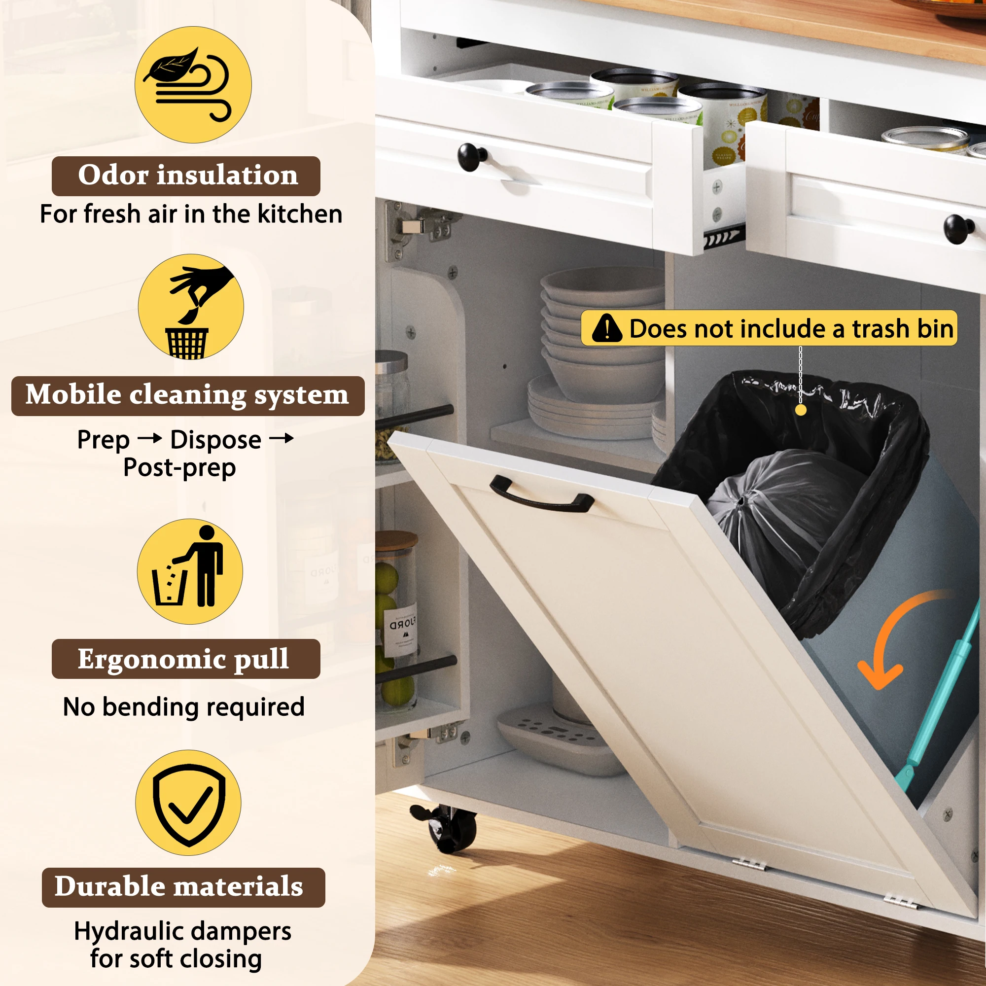 Mobile Kücheninsel auf Rollen mit ausziehbarem Essbereich,Arbeitsplatte,Abfallfach&Steckdosenleiste–ideal für Küche&Esszimmer – Detail 3