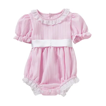 Summer Baby Clothing Lace Lace Round Neck Romper Solid Sleeve Waist Strap Fashionable Baby Baby Girl Spaghetti Strap Bodysuit 1