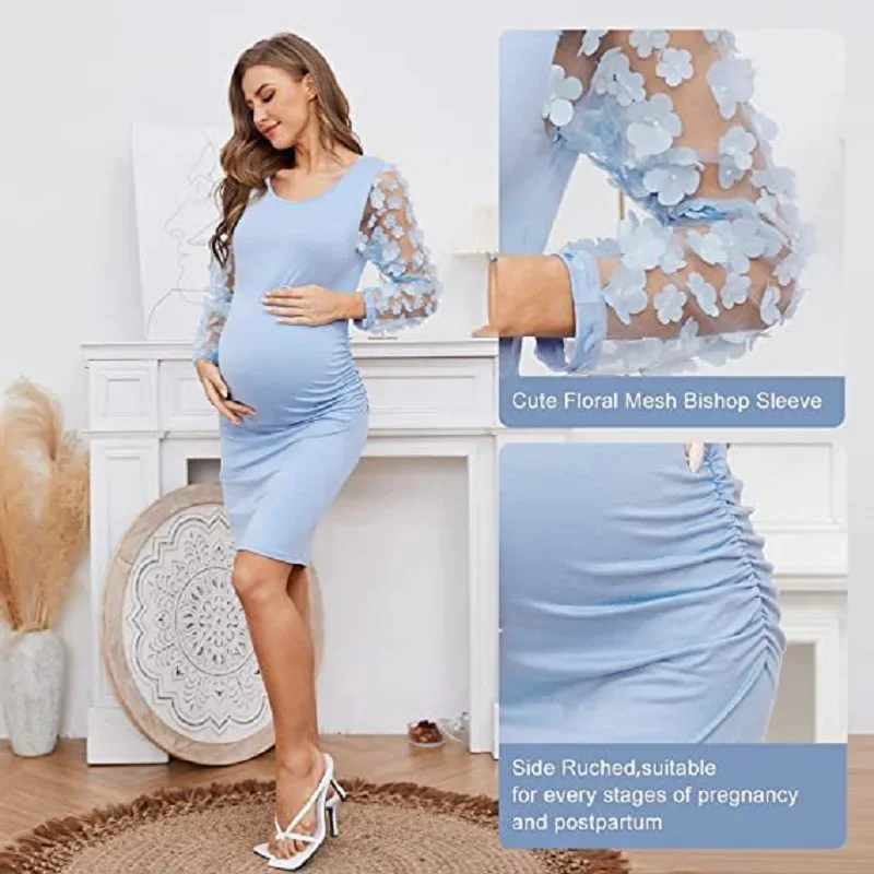 

Women's Maternity Dress Elegant Mesh Contrast Bishop Sleeve Bodycon Stretchy Photography Pencil Dress Party Dress Baby Shower