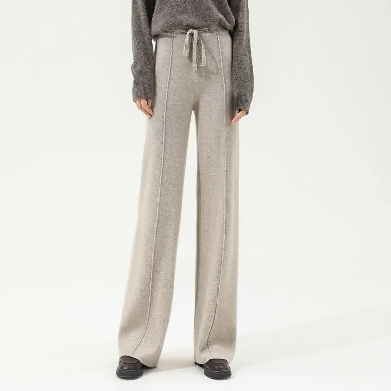 Autumn Winter All-match Solid Wide Leg Knitted Pants Women's Clothing Drawstring High Waist Casual Thick Trousers for Female