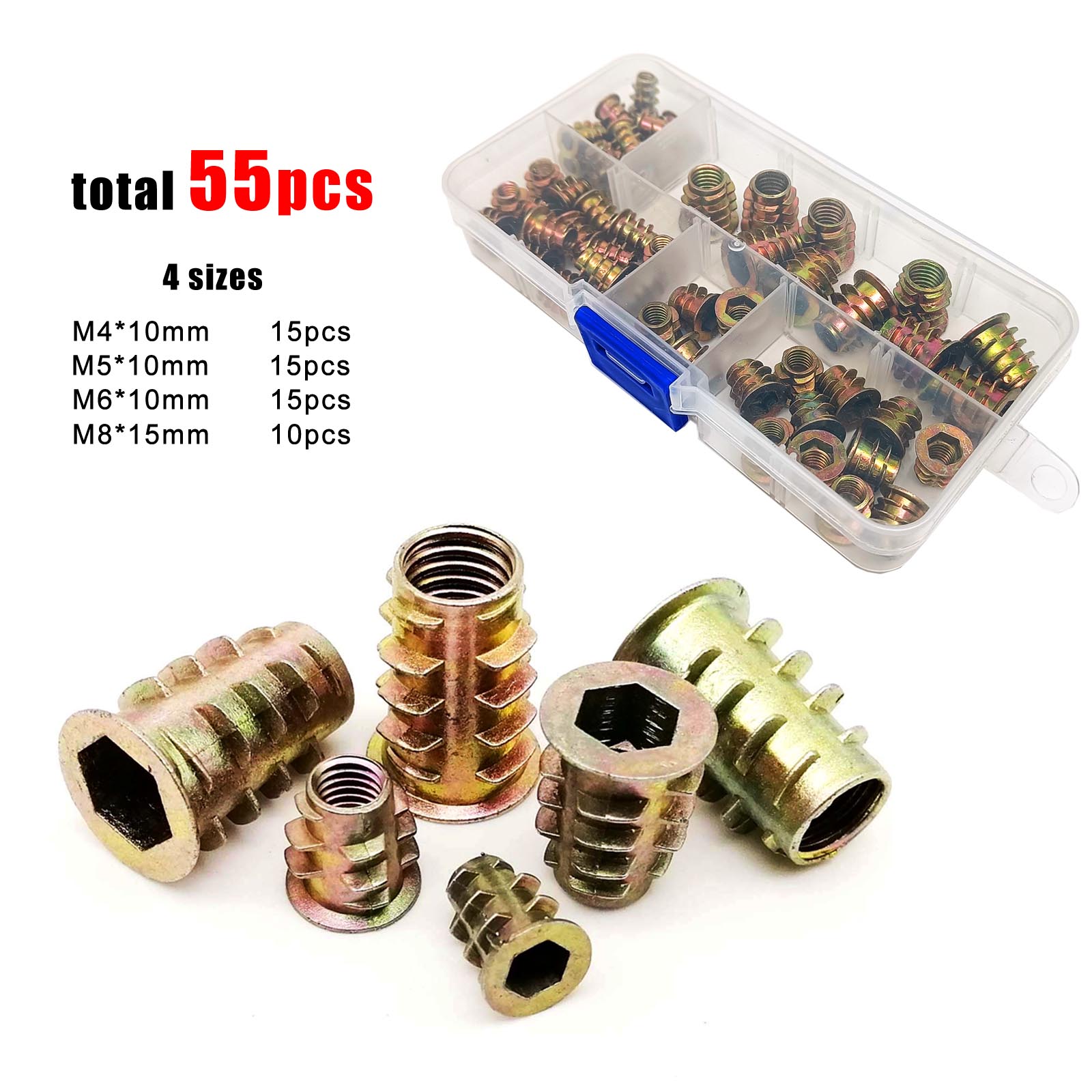55pcs/Box Mix M4 M5 M6 M8 Hex Hexagon Socket Head Thread Embedded Insert Nut E-nut Set Kit for Wood Furniture Bed Cabinet Sofa