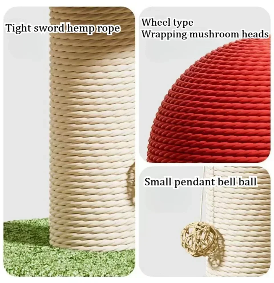 KittyNook Cat Co. Decorative Cat Climbing Post: a compact cat tree with hemp rope, red mushroom top, and bell ball.