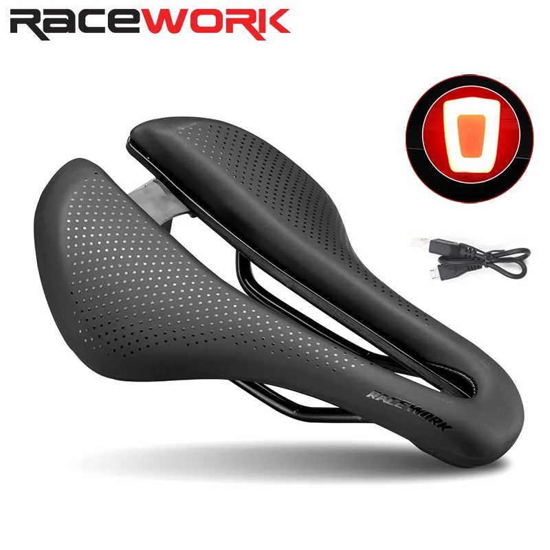 

RACEWORK PRO MTB Bike Saddle Lamp Soft Comfortable Breathable Seat With Warning Taillight USB Road Cycling Bicycle