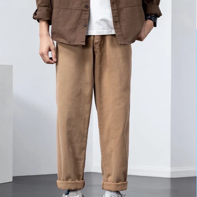 

Spring Autumn New Solid Color Fashion Elastic Waist Wide Leg Trousers Man High Street Loose Pockets Patchwork Pure Cotton Pants