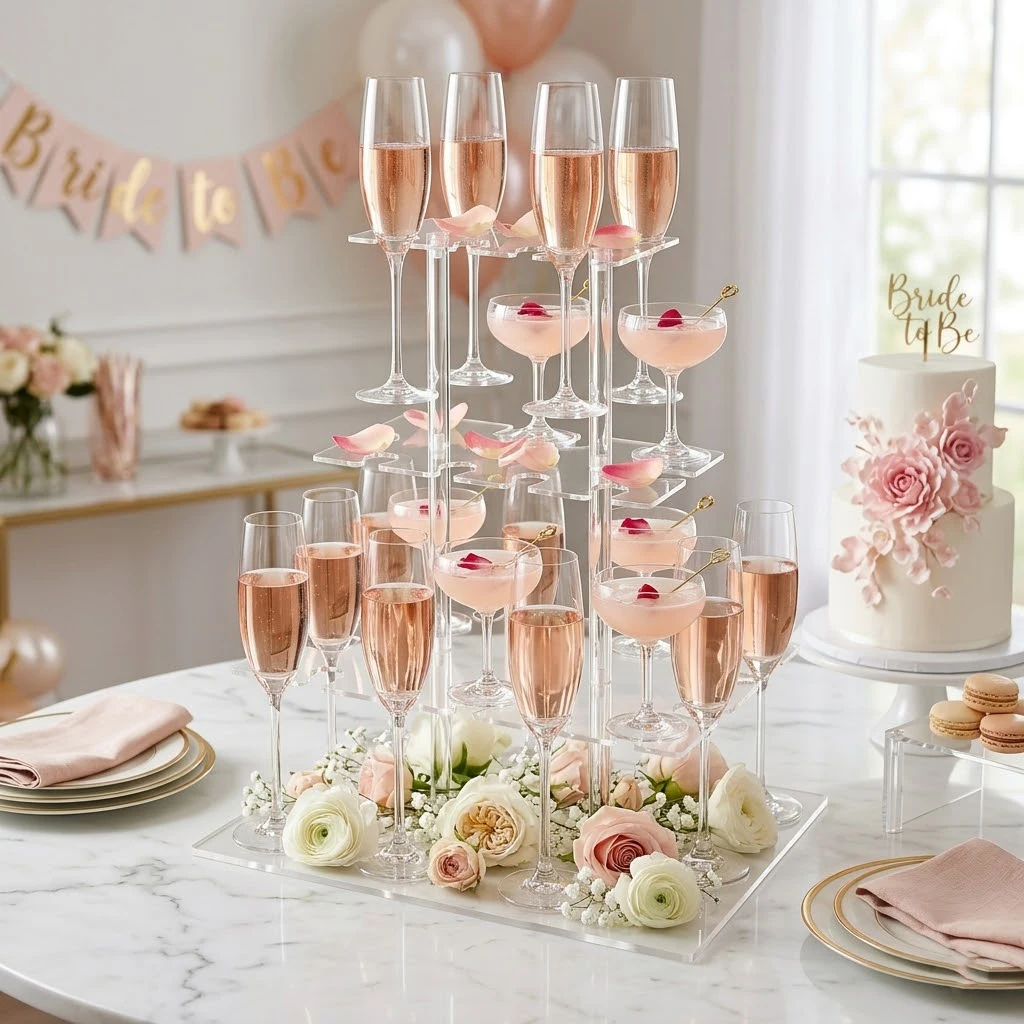 Acrylic Champagne Tower Stand with 32 Slots, 4 Tier Clear Cocktail Glass Tree Stand for Wedding, Champagne Flute Display Holder for Bridal Shower, Baby Shower, Birthday, New Year Party 4
