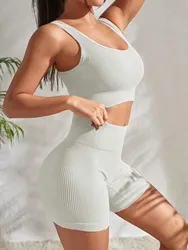 Women's Seamless Ribbed Yoga & Workout Set - High Waist Shorts & Crop Tank Fitness Outfit - L (WHITE)