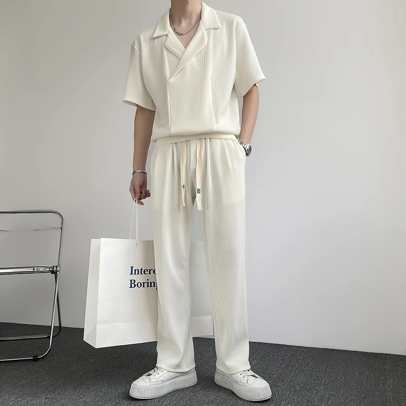Men 2pcs Set Summer Ice Silk Cool Tops Pants Notched Collar Drawstring Waist Casual Daily High Streetwear Ins Half Sleeve Blouse