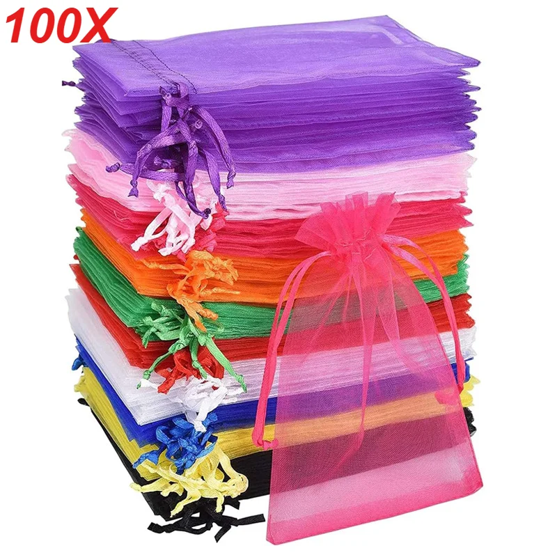 100 Stück Organzabeutel in verschiedenen Farben, Netz-Organza-Schmuckbeutel, kleine Beutel mit Kordelzug, für Weihnachten, Süßigkeiten, Hochzeit, Geburtstag