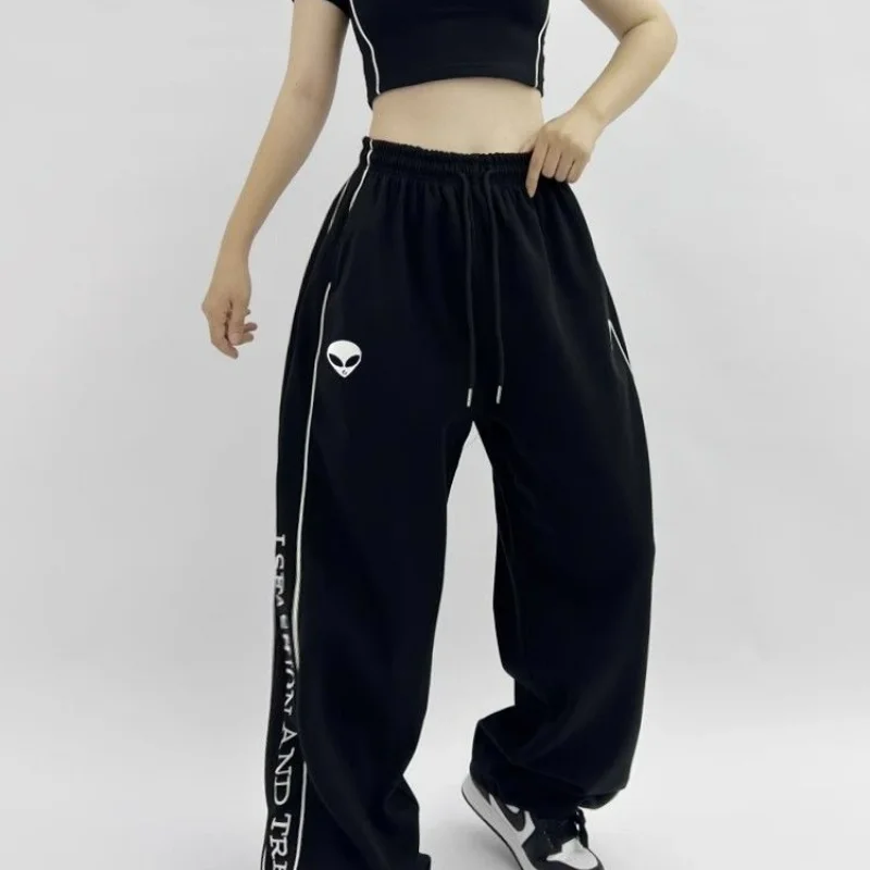 American Street Trend Black Printed Drawstring Sports Casual Pants Women Autumn Pocket Elastic Waist Straight Wide Leg Trousers