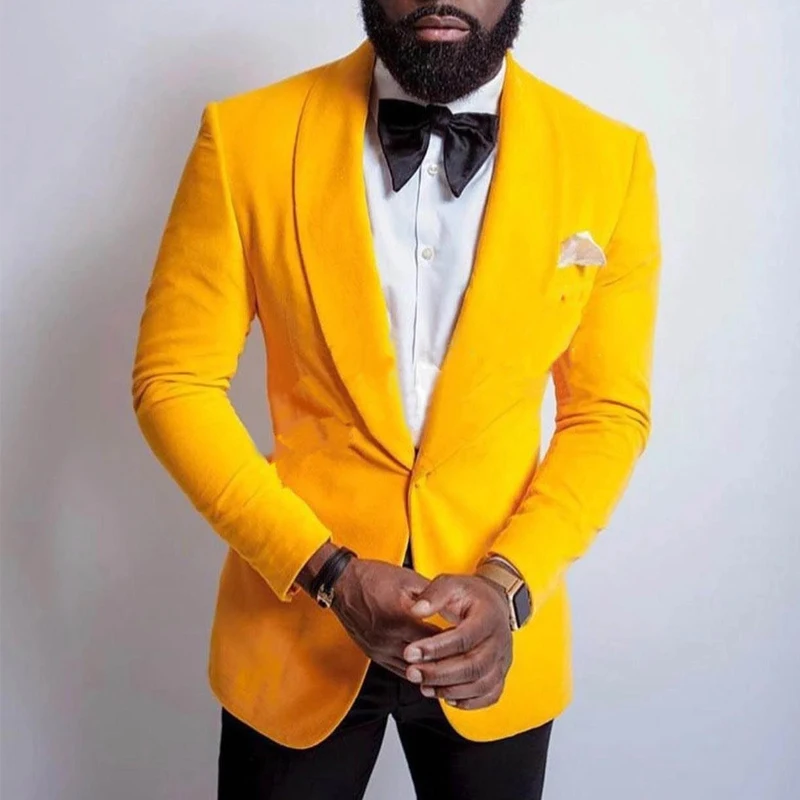 Velours jaune hommes costume veste une pièce bal Blazer pour mariage garçons d'honneur châle revers personnalisé mâle mode manteau dernier Style 2022