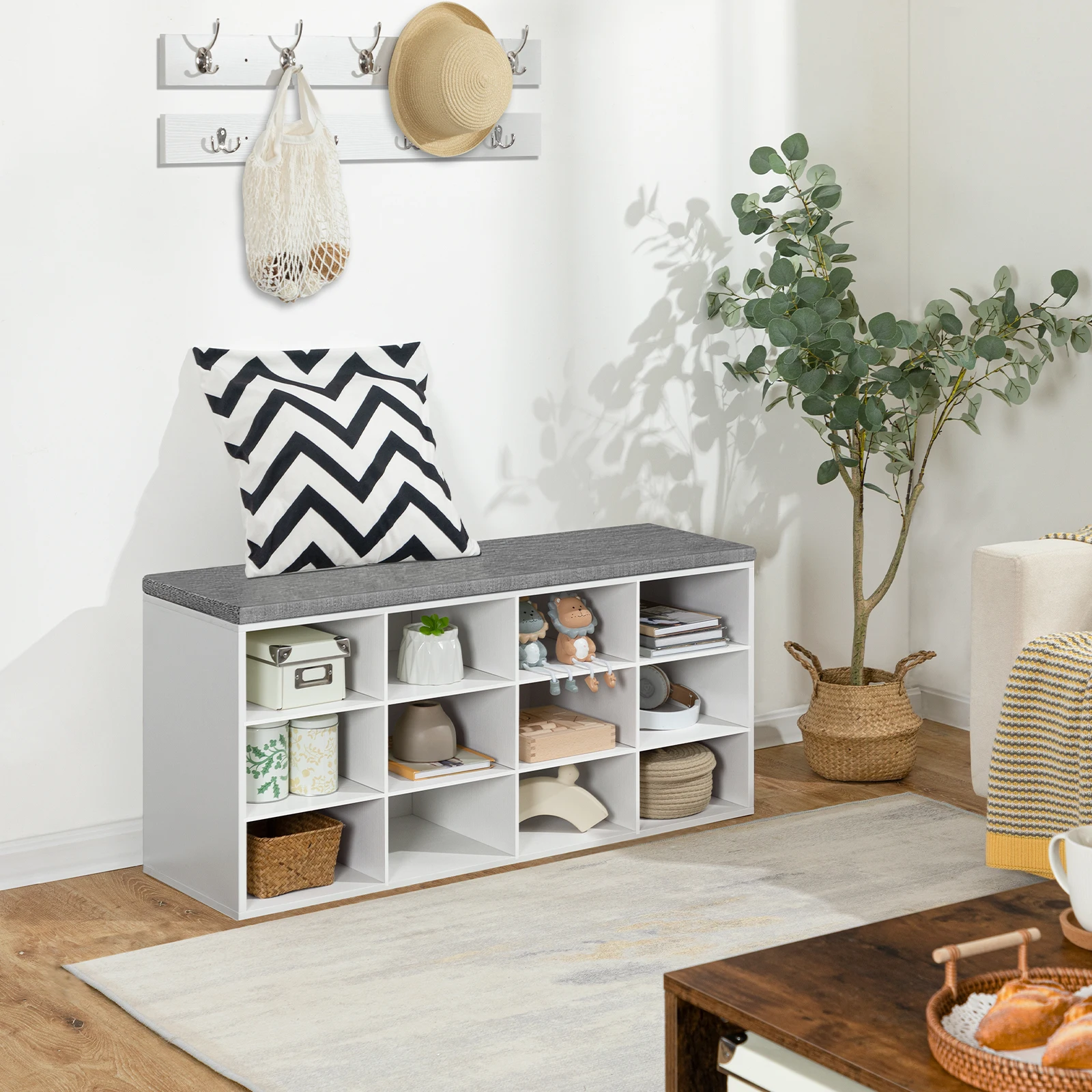Shoe Storage Bench with Cushion Entryway Bench 39.4" Hanger Hall Tree Coat Rack 12 Cubbies Holds up to 330 lb Shoe Rack