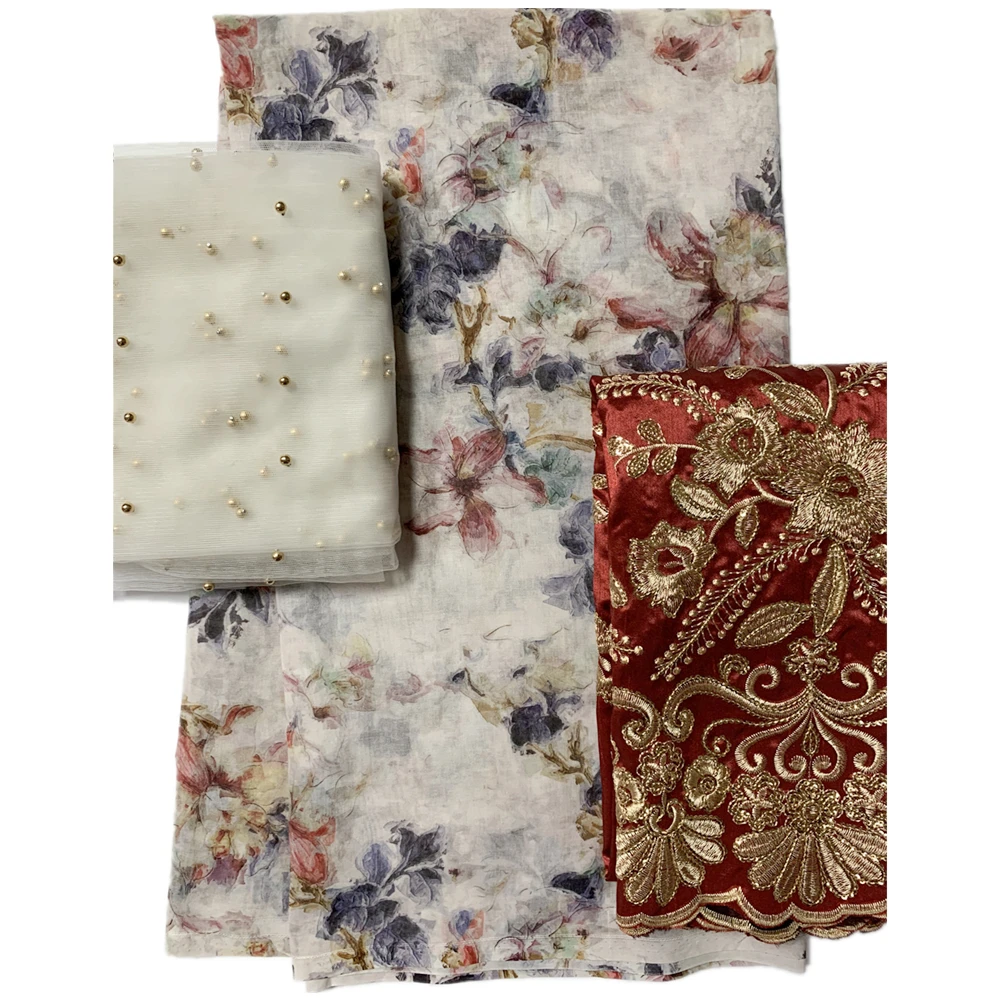 

African Lace Fabric, Cotton Fabric Match, George Lace and Scarf Set, High Quality, 2 + 5 + 2 Yards