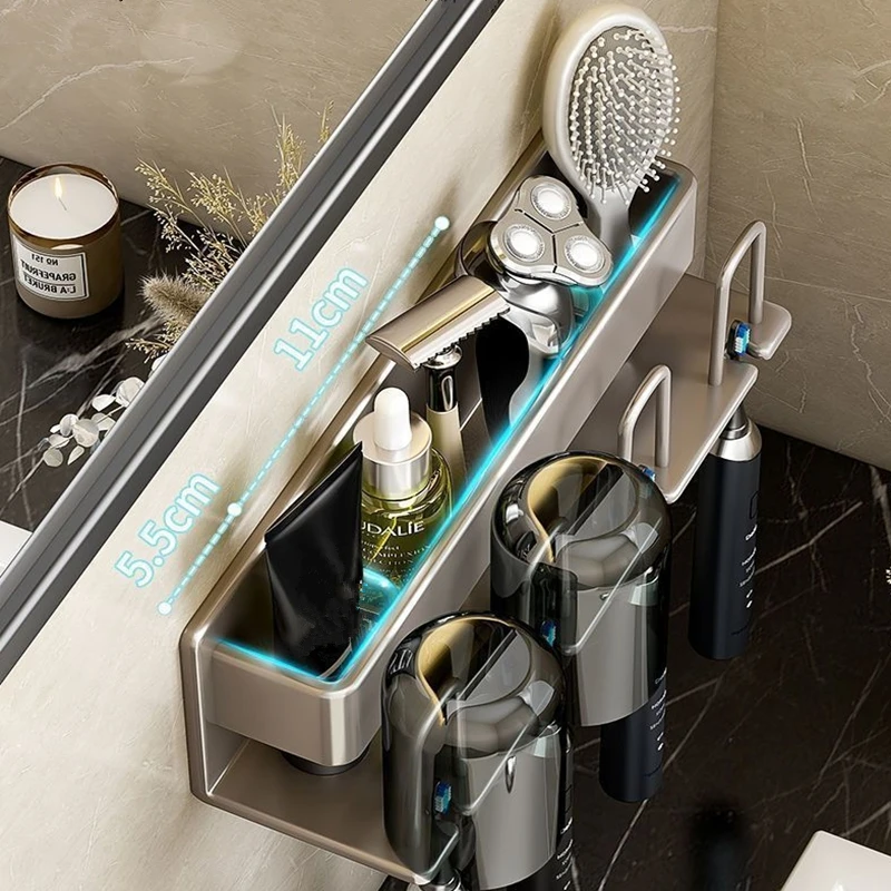 Space Aluminum Toothbrush Holder Punch-free Mouthwash Cup Self Wall-mounted Storage Box Gun Grey Electric Toothbrush Rack