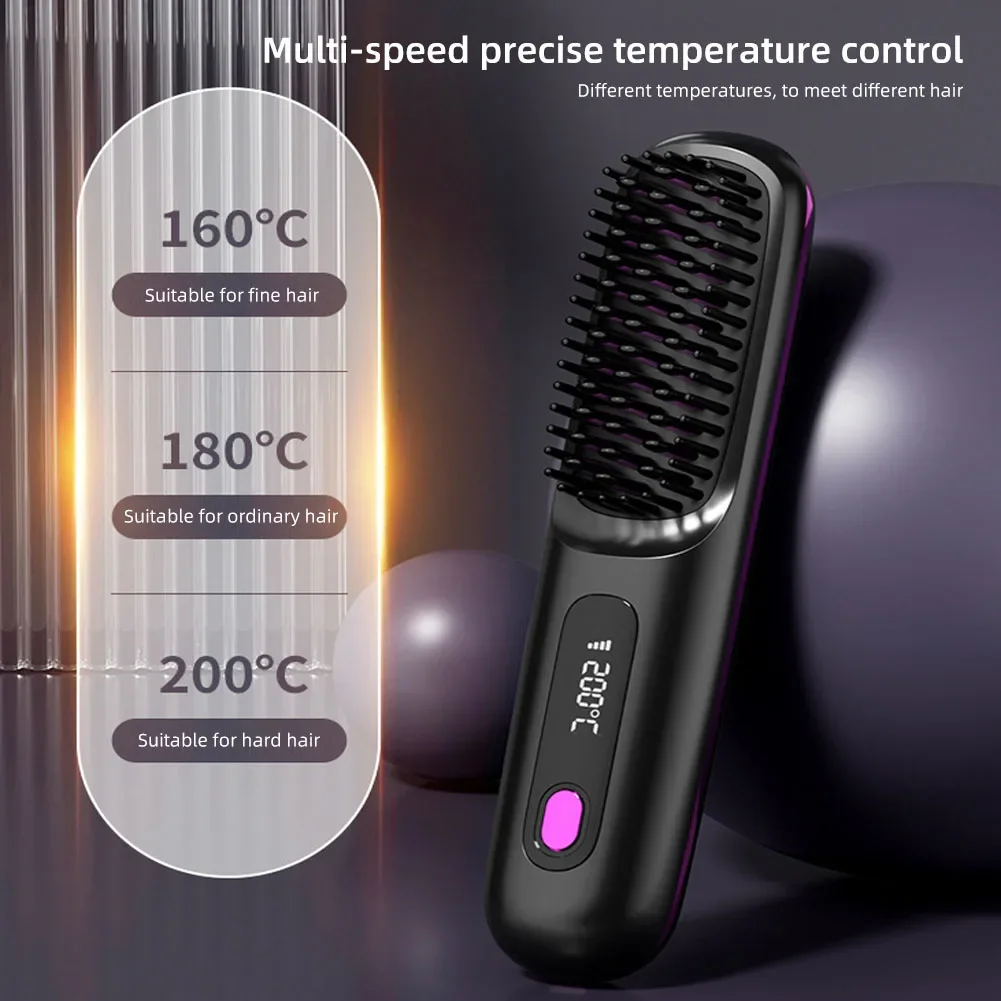 Electric LCD Usb Ceramic Heating Straight Hair Comb Wireless Portable Negative Ion Styling Tool Rechargeable Straightening Brush 3