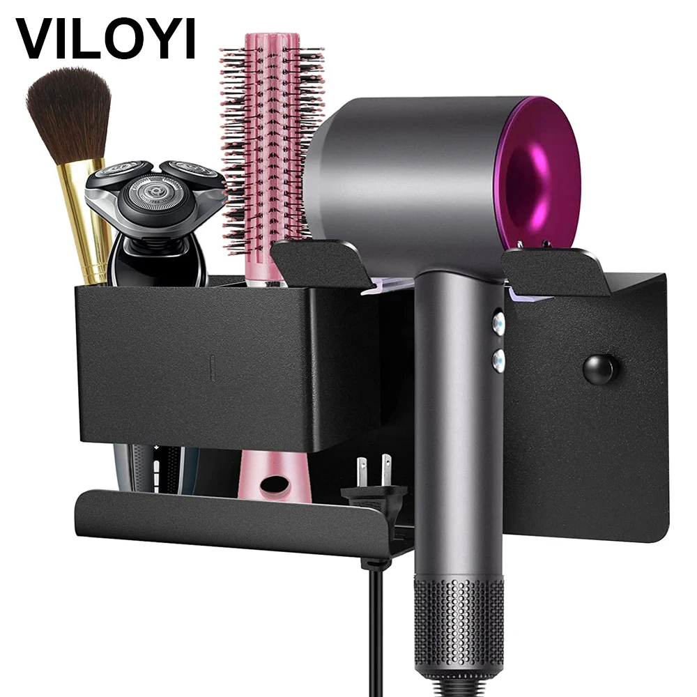 

Настенный держатель для фена VILOYI, без перфорации, многофункциональный алюминиевый органайзер для волос, стойка, современные черные полки для ванной комнаты
