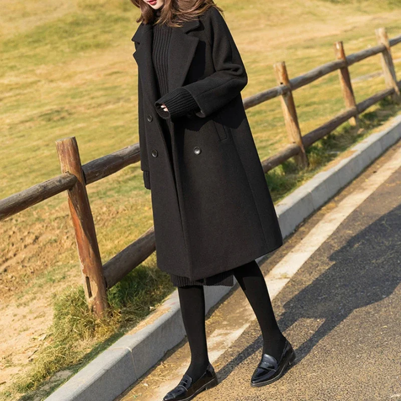 Women's Middle Long Thickened Slim Tweed Coats 2023 New Fashion Autumn Winter Hepburn Style Korean Jacket Female Windbreaker Ins
