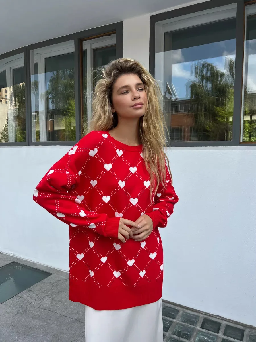 Autumn Printed Knitwear Pullover For Women Casual Patchwork Long Sleeve Contrast Loose Top Clothes Female Knit Pullover