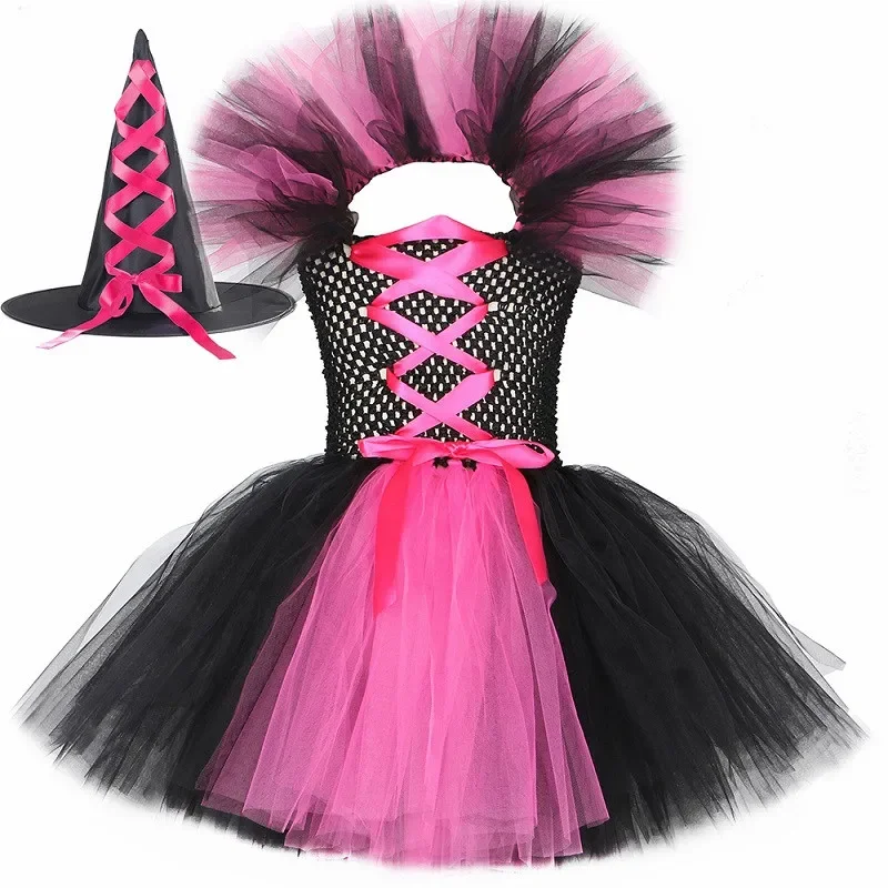 thumbnail image 1 of Disfraz de bruja malvada para Halloween para niños, fiesta de carnaval, disfraces de niñas, vestido de tutú de bruja malvada con sombrero y escoba mágica, 1 of 5