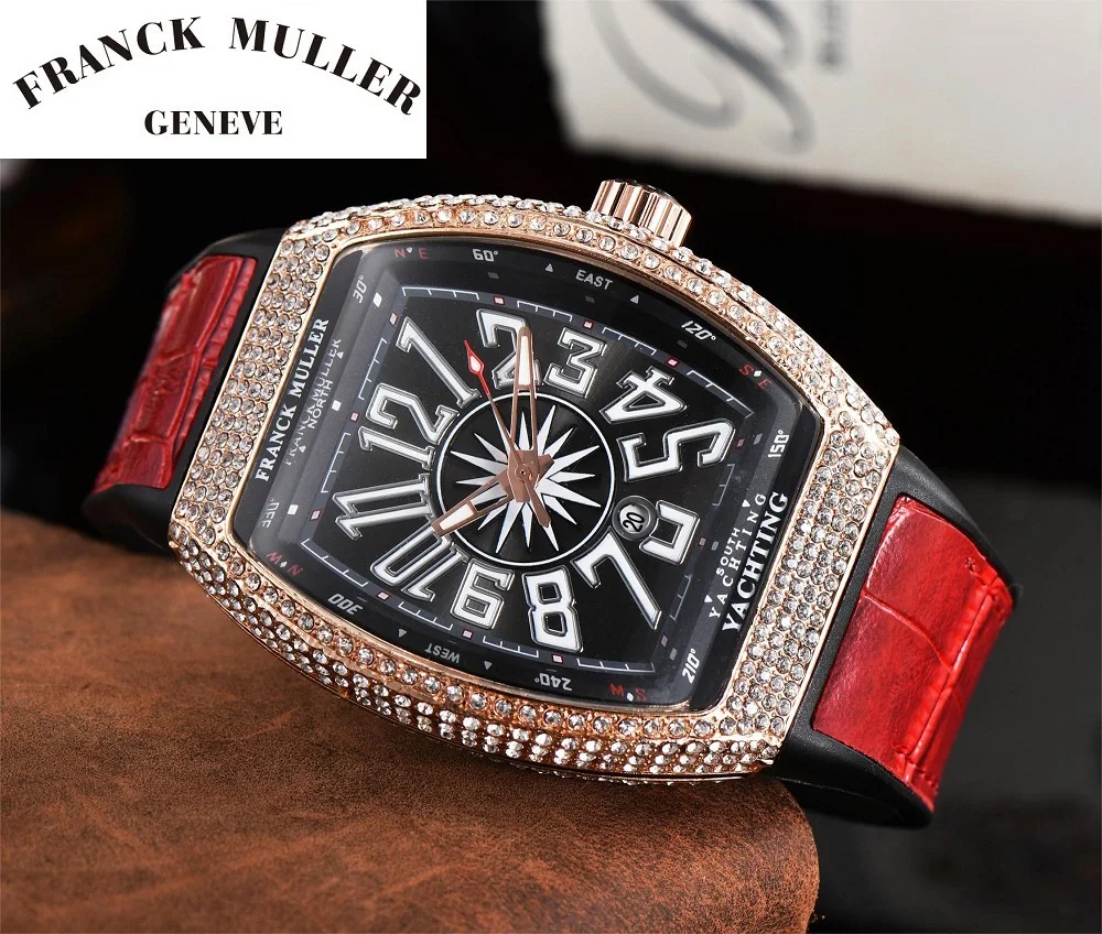 Franck Muller Men Luxury Watch Iced Out Diamond Bezel Fashion Watches Orologio Da Polso Al Quarzo Shinning Impermeabile Orologio Con Cinturino In Pell