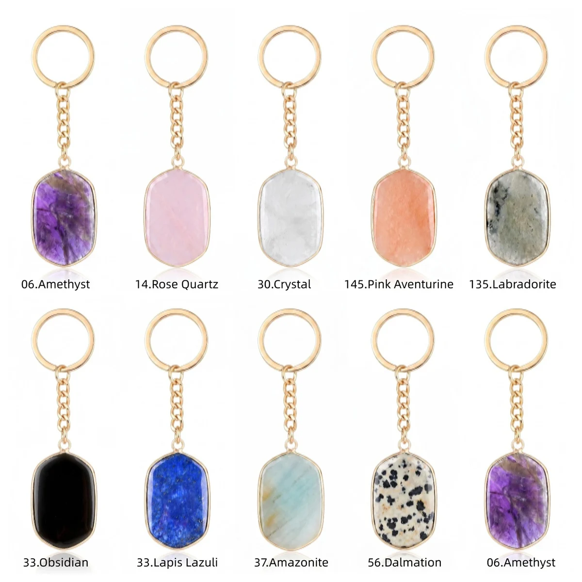 Naturstein-Schlüsselanhänger, vergoldet, facettierte rechteckige Kristallanhänger, Ring für Autoschlüssel, Handtaschenanhänger, Schmuckherstellung