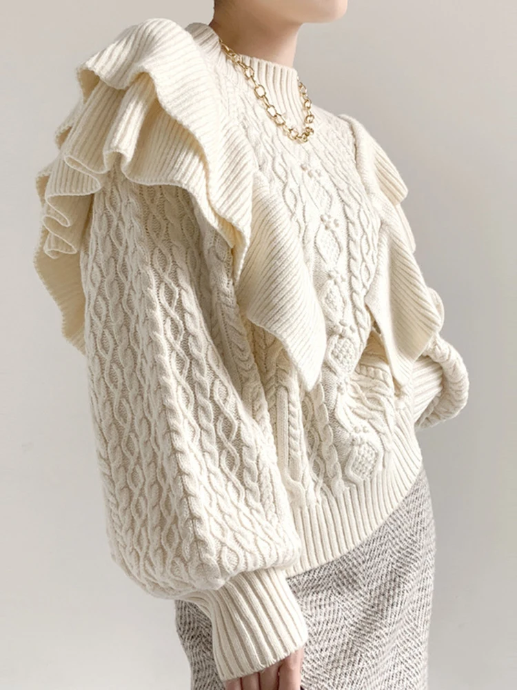 

Ruffles Knitting Sweaters For Women Half High Collar Lantern Sleeve Loose Solid Sweater Female Fashion Patchwork Pullover Jumper