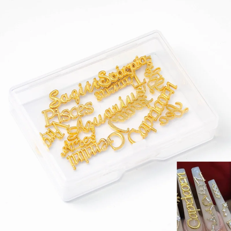 12pcs/24pcs Gold Constellations Nail Art Charms Zodiac 3d Alloy Metal