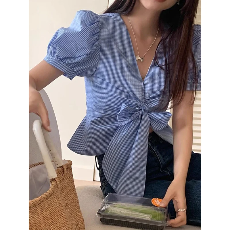 Summer V-neck Striped Printing Bow Shirt Ladies Puff Short Sleeve Waist Pullover Top Women Loose Casual Vintage Fashion Blouse
